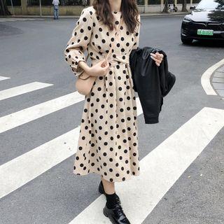 Faux Leather Zip Jacket / Long-sleeve Dotted A-line Midi Dress / Midi T-shirt Dress