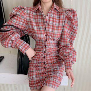 Long-sleeve Plaid Mini Dress Plaid - Red & Gray - One Size