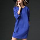 3/4-sleeve Plain Shift Dress