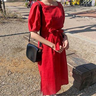 Square-neck Puff-sleeve Linen Blend Long Dress With Sash
