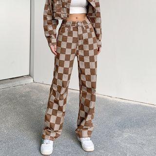 Checker High-waist Straight Leg Pants