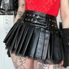 High-waist Faux Leather Mesh Panel Mini Pleated Skirt