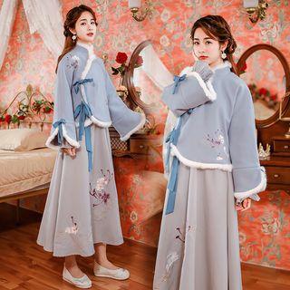 Set: Furry Trim Hanfu Top + Midi A-line Skirt
