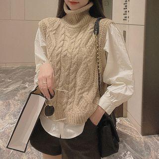 Set: Turtleneck Sweater Vest + Long-sleeve Blouse