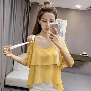 Cut Out Shoulder Elbow Sleeve Blouse