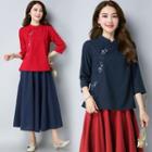 Floral Embroidered Stand Collar 3/4-sleeve Top