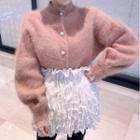 Faux Pearl Button Cardigan / A-line Skirt