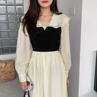 Long-sleeve Layered Collar Midi A-line Dress / Wrap Vest