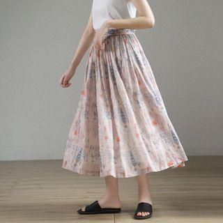Floral Print Midi A-line Skirt Floral Print - Pink - One Size