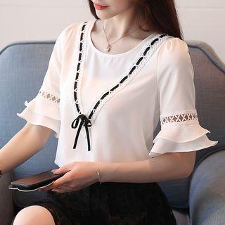Short-sleeve Perforated Trim Ribbon Chiffon Top