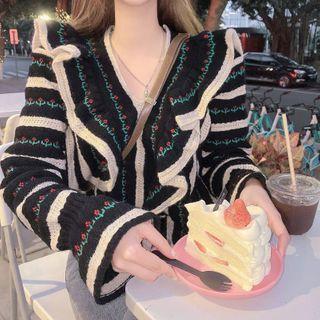 Ruffle Trim Floral Sweater Green Floral & White Stripe - Black - One Size