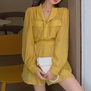 Set: Long-sleeve Shirt + High-waist Wide-leg Shorts