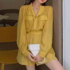 Set: Long-sleeve Shirt + High-waist Wide-leg Shorts