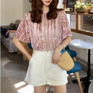Short Sleeve Velvet Panel Lace Top