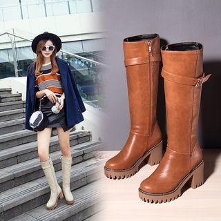 Faux Leather Platform Block-heel Knee High Boots