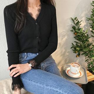 Lace V-neck Rib-knit Cardigan