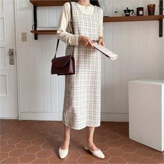 Slit-side Checked Suspender Dress
