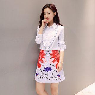 Set: Frilled Long-sleeve Blouse + Print Skirt