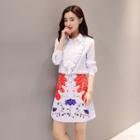 Set: Frilled Long-sleeve Blouse + Print Skirt