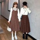 Bow-neck Shirt / Midi A-line Overall Dress / Midi A-line Skirt / Belt / Set