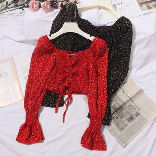 Flower Print Drawstring Long-sleeve Crop Top