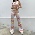 Set: Flower Patterned Cut-out Sleeveless Crop Top + Striped Boot-cut Pants