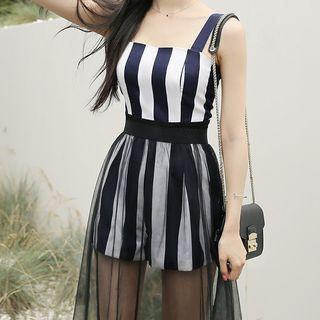 Set: Sleeveless Striped Playsuit + Mesh A-line Midi Skirt