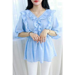 Petite Size Frill-trim Chiffon Peplum Blouse