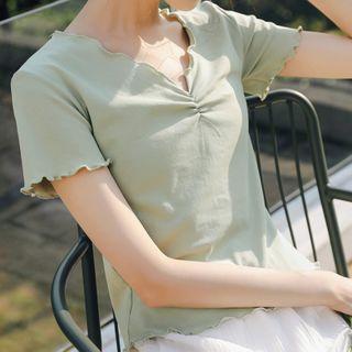 Frilled Trim Shirred Cropped Top Light Green - One Size