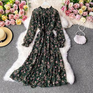 Frill-collar Floral Print Long-sleeve Chiffon Dress