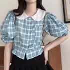 Puff-sleeve Plaid Blouse Blue & White - One Size
