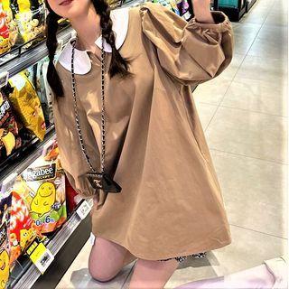 Puff-sleeve Mini Collared Dress Khaki - One Size
