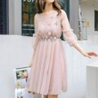 3/4-sleeve Floral-accent Sheer A-line Dress