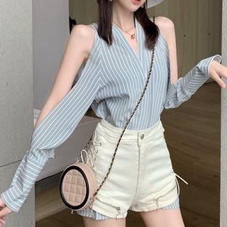 Cold-shoulder Striped V-neck Blouse As Shown In Figure - One Size