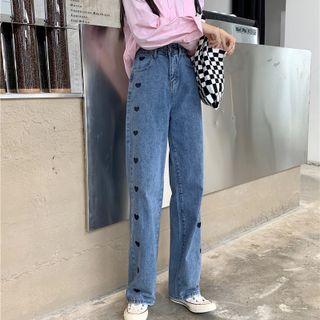 Heart Embroidered High Waist Straight Leg Jeans