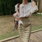 Lace Trim Long Sleeve Blouse / Plaid Skirt
