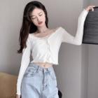 Mock Two-piece Long-sleeve Cold Shoulder Frill Trim Crop Top