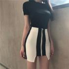 Set: Plain Slim-fit Short-sleeve T-shirt + Color-block Pencil Skirt