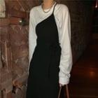 Long-sleeve Plain T-shirt / Asymmetric Shoulder Plain Wrapped Dress