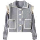 Flower Button Ruffle Cardigan Gray - One Size