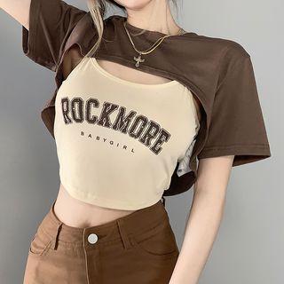 Set: Short-sleeve Shrug + Lettering Camisole Top