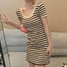 Short-sleeve Striped Bodycon Dress Stripe - Beige - One Size