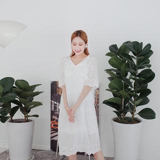 Set: Frill-trim Eyelet-lace Dress + Slipdress