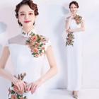 Short-sleeve Floral Embroidered Maxi Qipao Dress
