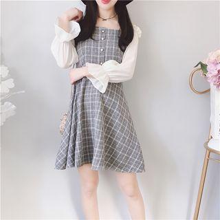 Long-sleeve Off Shoulder Plaid Panel A-line Mini Dress