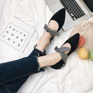Gingham Bow Pointed Low Heel Pumps