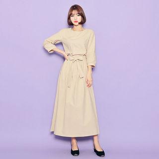 Set: 3/4-sleeve Top + Band-waist Pleated Midi Skirt