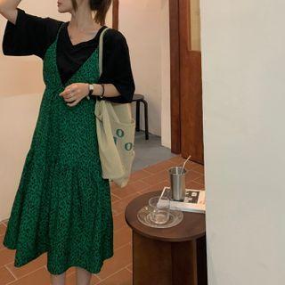 Elbow-sleeve Plain T-shirt / Leopard Print Midi Overall Dress