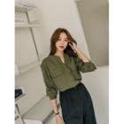 Mandarin-collar Flap-pocket Dip-back Blouse