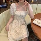 Short-sleeve Floral Print Mini Dress Almond - One Size